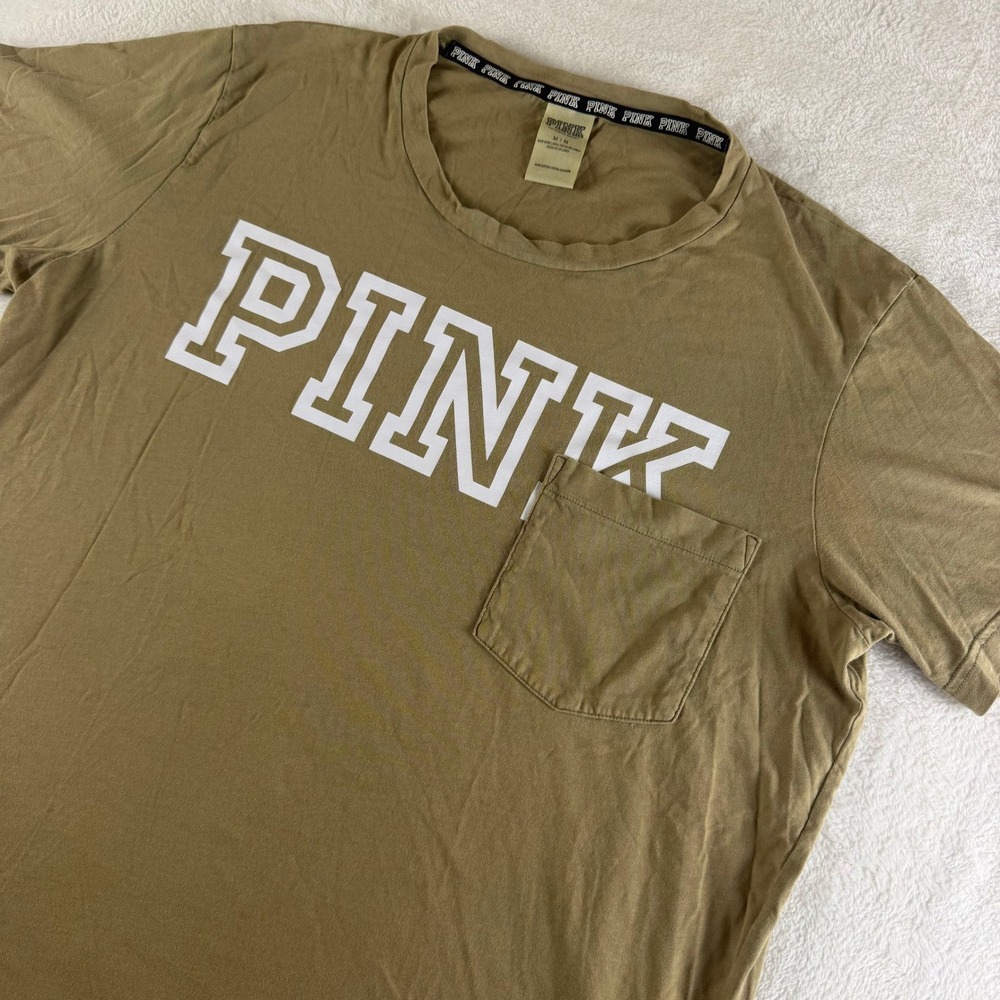 PINK Victoria's Secret Vintage T-Shirt Women Medium Olive Green Logo Pocket Tee